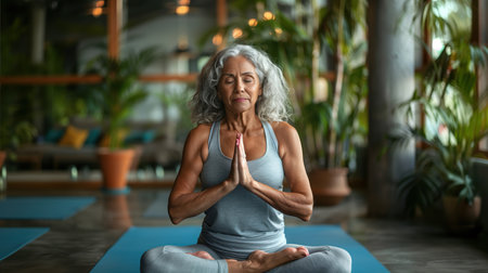 A mature woman meditates in a peaceful indoor setting with tropical plants, focusing on wellness and mindfulness. Her serene expression and yoga posture emphasize relaxation and a healthy lifestyle.の素材