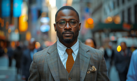Portrait of African American mature businessman in suit among crowd of business people in urban cityの素材