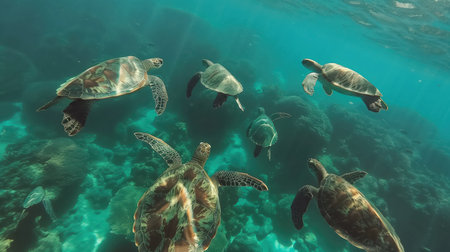 A captivating underwater photograph of six sea turtles swimming gracefully in the crystal clear ocean. The vibrant marine environment showcases the majestic marine life and the serene beauty of the ocean depths.の素材