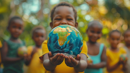 International day of peace concept with African Children holding earth globeの素材