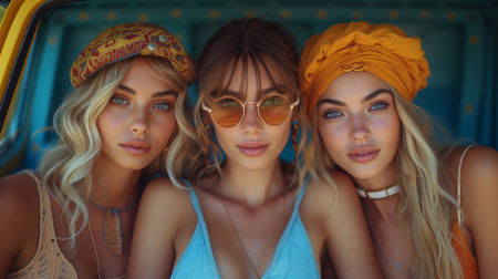 three girls traveling by yellow bus, fashionable hippie top models portrait - summer conceptの素材