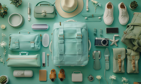 Set of travel accessories on a mint background, top view and flat lay compositionの素材