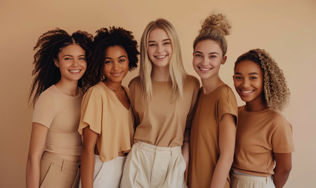 Beauty happy portrait of diverse females, caucasian, Asian and African American ladies with different skin tone posing at camera, hugging each other, dressed in beige tonesの素材