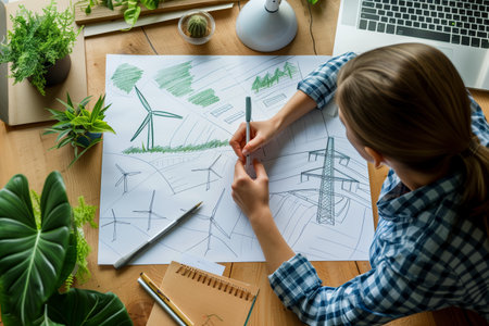 Top view of woman engineer works in office on drawings of wind turbines. Female architect student working on projectの素材