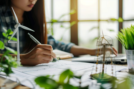 Close-up of woman engineer works in office on drawings of wind turbines. Female architect student working on projectの素材