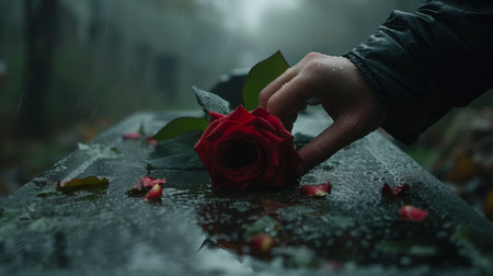Close-up of a hand putting a red rose on a gray granite headstone. Funeral ceremony, farewellの素材