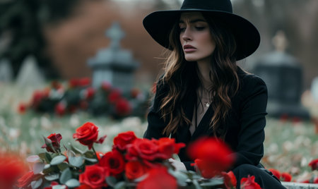 Sad widow woman in the cemetery praying on tombstone - Female grieving for a lost love - Religion and stop war conceptの素材