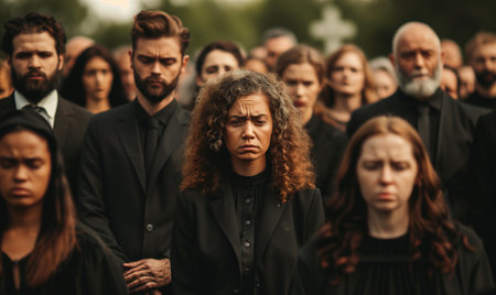 Funeral ceremony. Sad people mourning outdoorsの素材