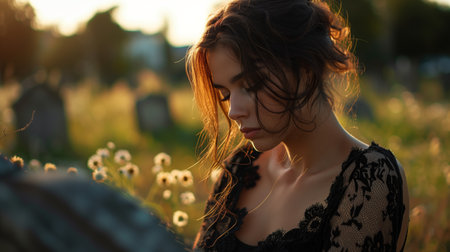 Concept Loss and Grief, Cemetery Visit, Mourning Widow, Emotional Portraits, Rainy Day Sentimentの素材