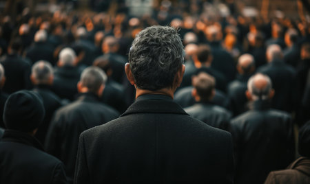 Portrait of a senior man in a black suit in a cemetery at a funeral ceremony among a crowd of people on a background, back viewの素材