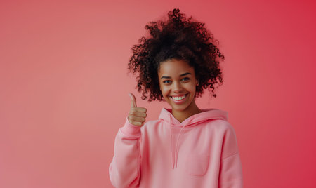 Young curly african american girl in a pink sweatshirt smiling with healthy teeth showing thumb up at copy space expressing wow emotion standing isolated on pink backgroundの素材