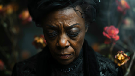 Portrait of an senior African woman wearing black clothing. Elderly widow woman. Funeral concept.の素材