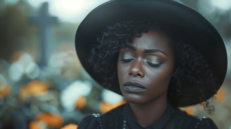 Close-up portrait of young African woman, widow wearing black clothing. Funeral concept.の素材