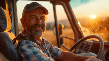 Happy professional middle age truck driver driving his truck and looking at camera. Copy space.. Truck driver job. Middle aged trucker driving truck. Professional middle aged truck driver in casual clothes driving truck vehicle and delivering cargo to destination. Transportation service. High quality photoの素材