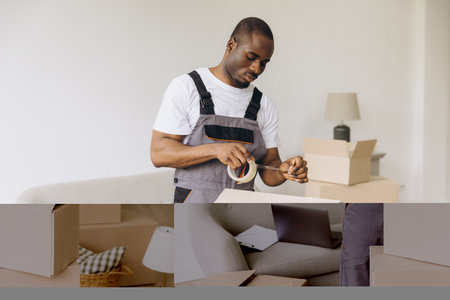 Focused delivery man packing boxes for house move, sealing cardboard box with adhesive tape, working in uniformの写真素材