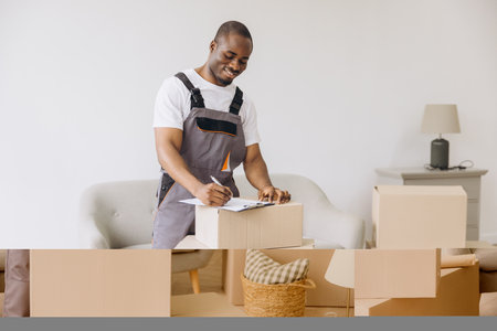 Smiling african american delivery man writing on clipboard checking list of boxes in new apartmentの写真素材