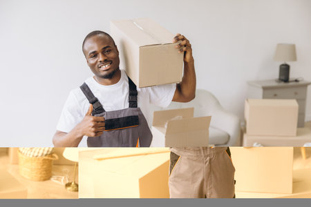 Happy african american delivery man carrying cardboard box on shoulder and gesturing thumbs up in new apartmentの写真素材