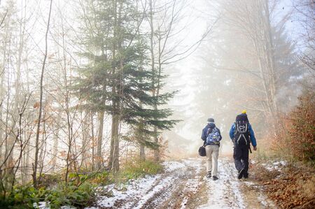 Man and woman backpackers hiking on foggy forest mountain trail in winter or late autumn. Rear view.の写真素材