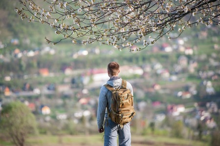 Man with a backpack standing under a blossoming tree and enjoying on top of hill with blurred town...