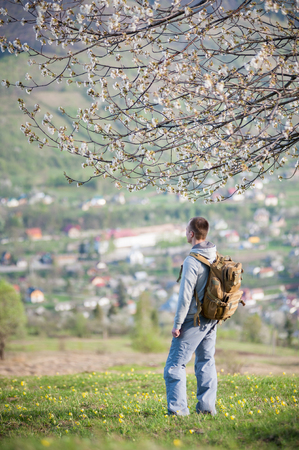 Traveler man with a backpack standing under a blossoming tree and enjoying on top of hill with green grass and yellow wildflowers with town as blurred background.の写真素材