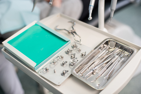 Different professional dental tools in a dentist's officeの写真素材