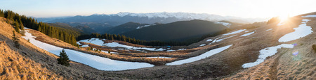 Panoramic shot of beautiful mountains view hiking travelling active recreation conceptの写真素材