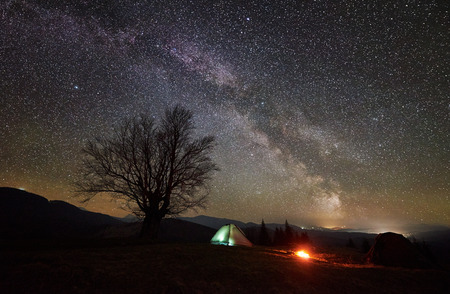 Bright campfire burning near tourist illuminated tent. Night camping in mountain valley incredible beautiful sky full of stars and Milky way. Silhouette of big tree and distant hills in backgroundの写真素材