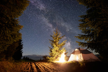 Night camping in mountains. Tourist tent by brightly burning bonfire near forest under clear dark blue starry sky, Milky way. High pine trees on background. Beauty of nature and tourism concept.の写真素材