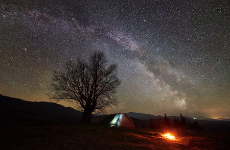 Bright campfire burning near tourist illuminated tent. Night camping in mountain valley amazing beautiful sky full of stars and Milky way. Silhouette of big tree and distant hills in backgroundの写真素材