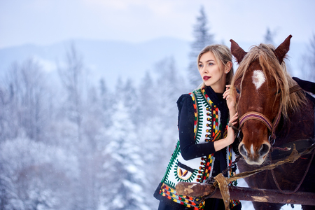 Attractive woman in white short embroidered and decorated sleeveless sheepskin fur coat outdoors at pair of strong horse in harness on sunny winter day on blurred background of snowy spruce forest.の写真素材