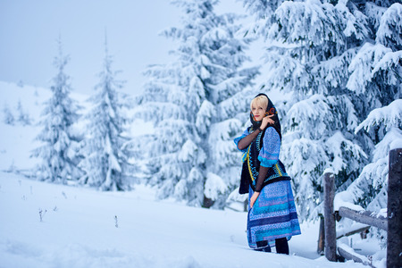 Young attractive fashionable blond girl in blue dress, embroidered warm sleeveless fur coat and kerchief with floral design outdoor at wooden fence on snowy spruce tree brunches blurred background.の写真素材