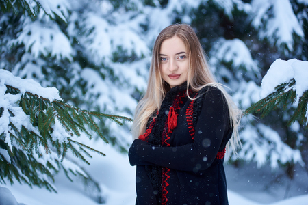 Portrait of woman in dark blue embroidered long sleeveless sheepskin fur coat and kerchief with floral design outdoors in deep snow on winter day on blurred background of snowy spruce trees.の写真素材