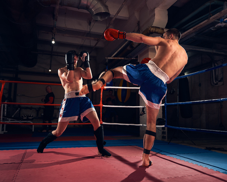 Two handsome men fighters training kickboxing, fighting in the ring at the health clubの写真素材