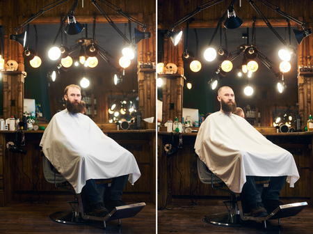 Collage portrait photo of man sitting in hairdresser chair. Changing male appearance in barber shop. Advantage of visiting modern barber shop. Comparison before and after. Mens beauty and rudeness.の写真素材