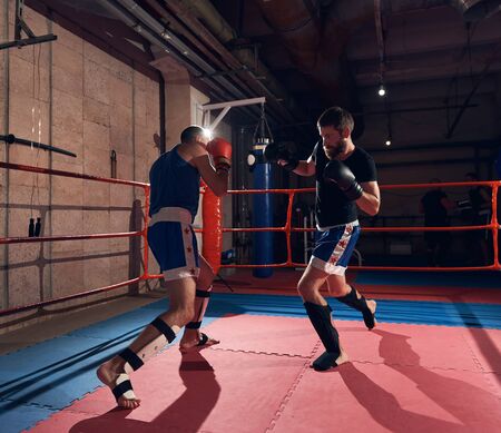 Two strong boxers practicing kickboxing in the ring at the health clubの写真素材