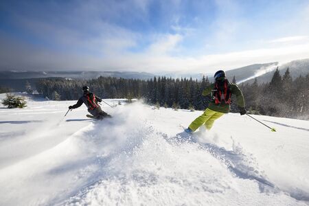 Back view of proficient male skiers in snow powder. Backcountry skiing. Using carving technique on wide open wooded hillside. Panoramic view of picturesque winter mountains and forest under blue sky.の写真素材