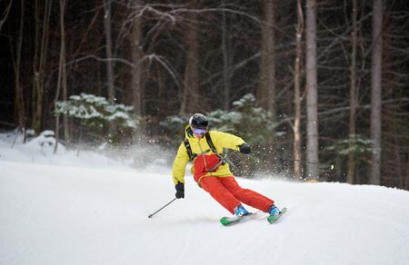 Young skier performing skiing trick. Ski training during snowfall. Carving skiing technique. Tall trunks of trees and dark forest on background. Winter activities, freestyle, adventure, thrill conceptの写真素材