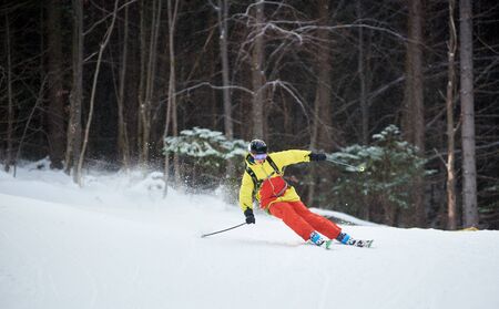 Professional skier performing skiing trick. Ski training during snowfall. Carving skiing technique. Dark forest on background. Winter activities, freestyle, adventure, thrill conceptの写真素材