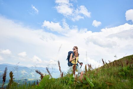 Attractive woman hiker hiking in Carpathian mountain trail, walking on grassy hill, wearing backpack and sunglasses, using trekking sticks, enjoying summer day. Outdoor activity, lifestyle conceptの写真素材