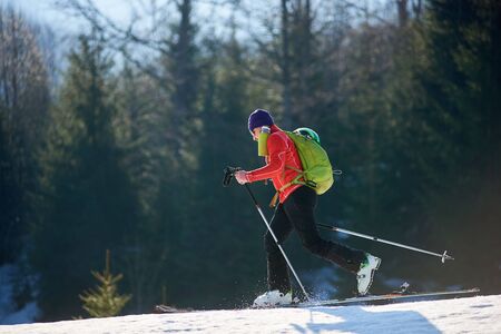 Man alone with ski in the mountain. Guy with a backpack on a blurred background of forest at sunny day. Ski season and winter sports conceptの写真素材
