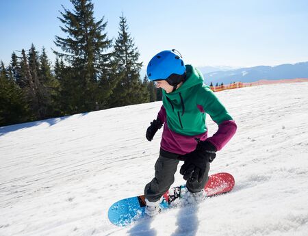 Young female snowboarder riding snowboard down snowy mountain slope on background of blue sky and spruce trees on sunny winter day. Winter sports and recreation, leisure outdoors activities concept.の写真素材