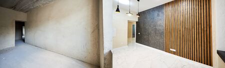 Renovation concept, new kitchen before renovation works vs after, creative modern interior design vs empty wallsの写真素材
