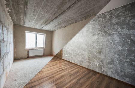 Empty room with large plastic window and heating radiators before and after refurbishment. Comparison of old room and new renovated place with parquet and gray walls. Concept of home renovation.の写真素材