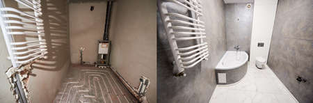 Comparison of old bathroom with underfloor heating pipes and new washroom with heated towel rail, bathtub and toilet bowl. Restroom with bath before and after refurbishment. Concept of renovationの写真素材