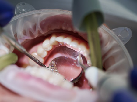Close up of patient with cheek retractor in mouth receiving dental treatment. Doctor using dental instruments while cleaning teeth of young woman. Concept of stomatology, healthcare and dentistry.の写真素材