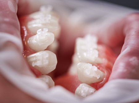 Close up of person with opened mouth and white teeth with orthodontic braces. Patient with cheek retractor in mouth having dental procedure in clinic. Concept of orthodontics and stomatology.の写真素材