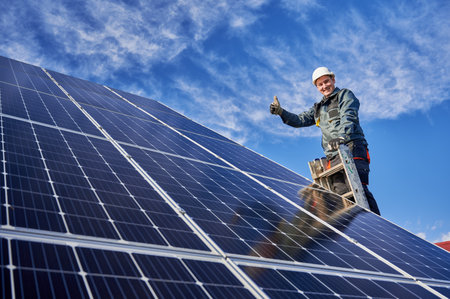 Low angle view portrait of a smiling worker, installing solar batteries, who is standing on ladder at solar plant against blue sky, showing thumb up. Concept of alternative sources of energy.の写真素材