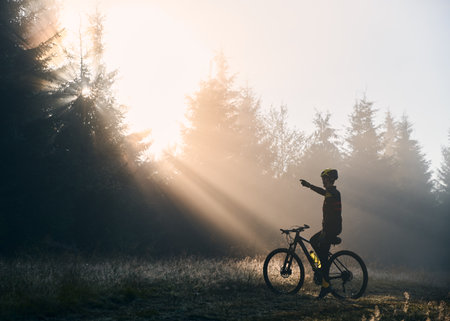 Back view of young man sitting on bicycle and pointing finger at beautiful morning sunlight behind trees. Male bicyclist sitting on mountain bike in morning forest.の写真素材