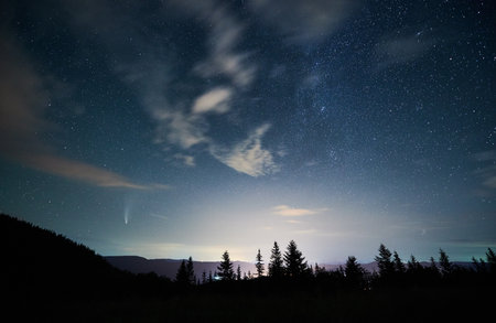 Magnificent view of night starry sky over coniferous wood in mountains. Landscape of mountain forest with conifer trees under blue sky with stars and comet Neowise. Concept of astronomy and galaxy.の写真素材
