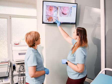Doctor pointing at display while standing beside colleague in gynecological cabinet. Two women gynecologists analyzing results of colposcopy. Concept of gynecology, diagnostics and medical workers.の写真素材